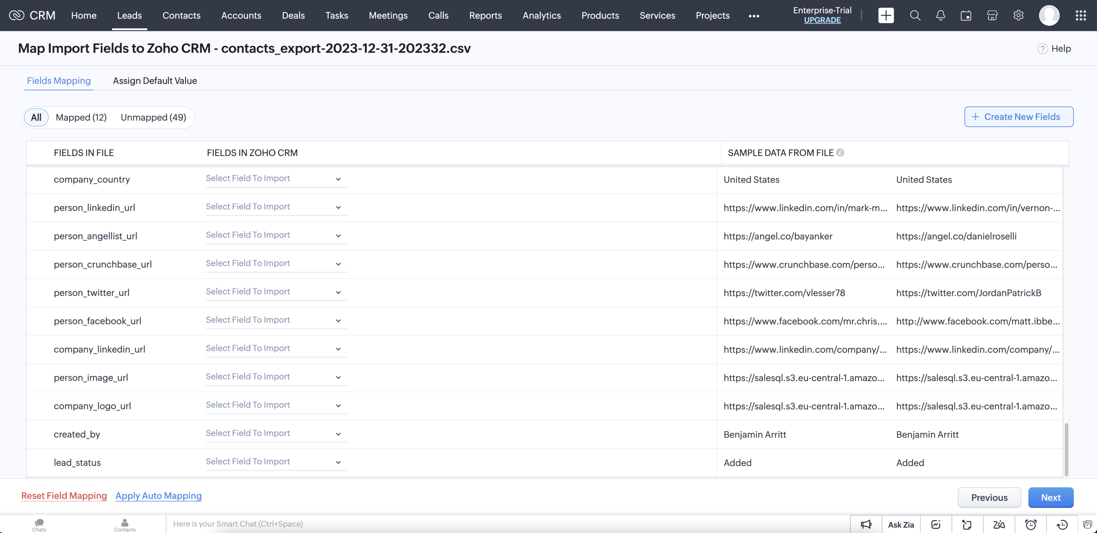 Zoho - import contacts